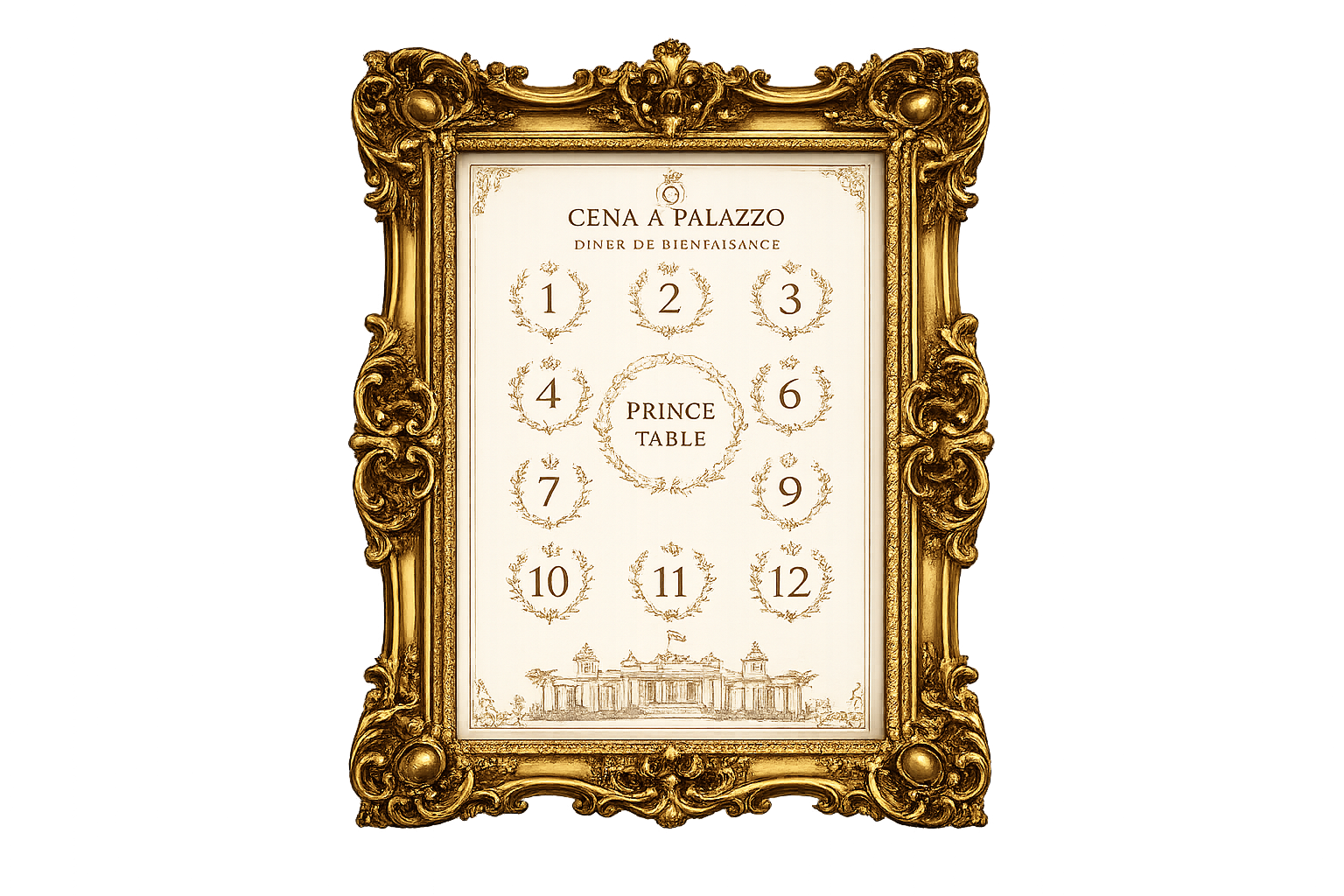 Piano dei tavoli Cena a Palazzo presentato in una cornice dorata ornamentale.